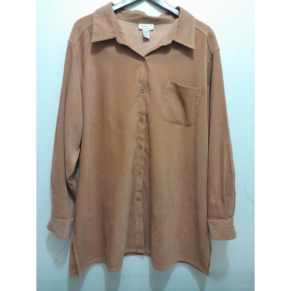 Womens Velour Heavyweight Outdoor Warm Stretch Size 2X Button Down Shirt Tan